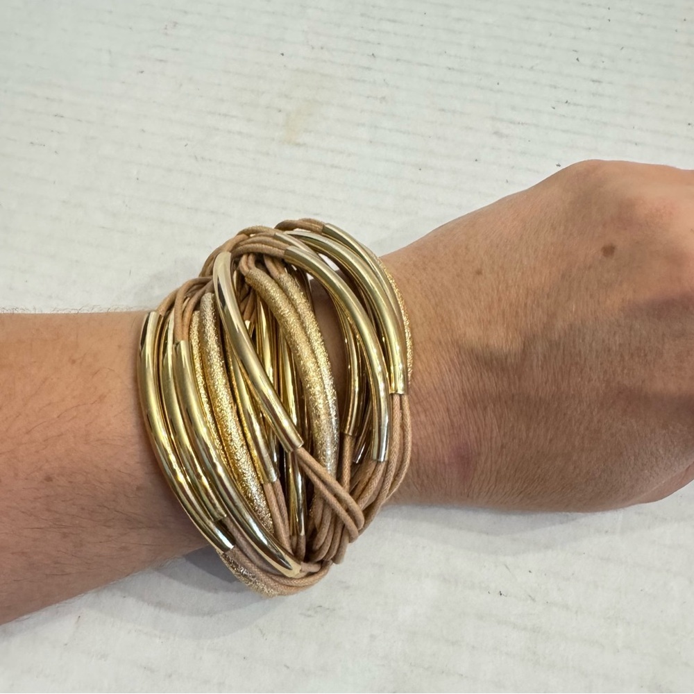 Saachi Bracelet Tan Leather Multistrand Gold Metallic Tube Clip Designer Modern